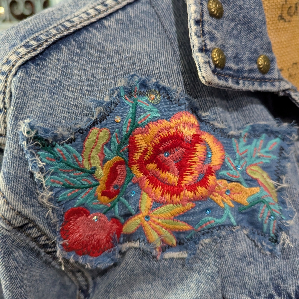 Embroidered Denim Jacket with Ruffle Hem - Picture 4 of 15